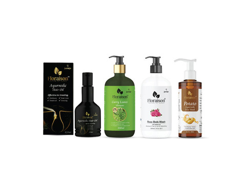 Ayurvedic Hair Care: Oil, Curry Shampoo, Rose Body Wash, Potato Face Wash.