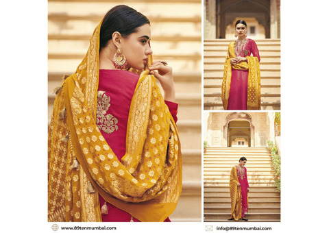 Buy Now: Pure Opulence in Benarasi Silk Weaving with Bandhej Dupatta Dress