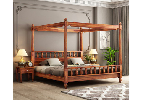 Buy Allure Poster Bed Without Storage (Queen Size, Honey Finish) Online from Wooden Street