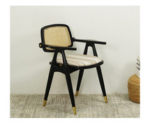 Buy Adira Teak Wood Arm Chair with Cane (Cream stripe, Black Finish) Online From Wooden Street