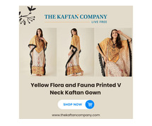 Yellow Flora and Fauna Printed V Neck Kaftan Gown – The Kaftan Company