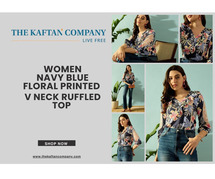 Women Navy Blue Floral Printed V Neck Ruffled Top