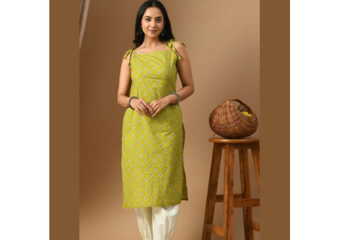 Pure Cotton Mehndi green white booti kurta with straps