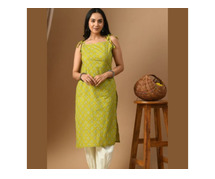 Pure Cotton Mehndi green white booti kurta with straps