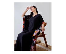 Buy Black Soft Modal Kaftan with Bright Borders & Pom Pom Lace - The Kaftan Company