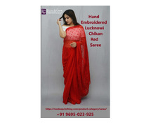 For Sale: Hand Embroidered Lucknowi Chikan Red Saree