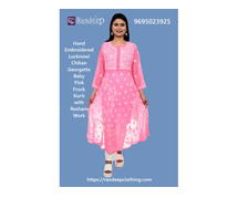 Hand Embroidered Lucknowi Chikan Georgette Baby Pink Frock Kurti with Resham Work